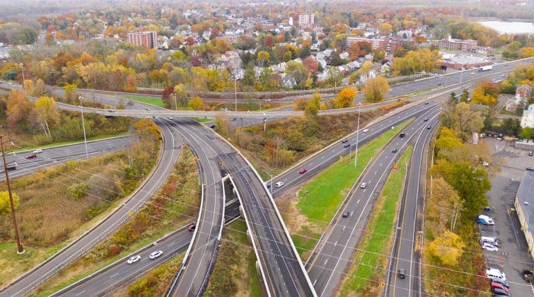 aerial view of the highway through East Hartford, Connecticut
