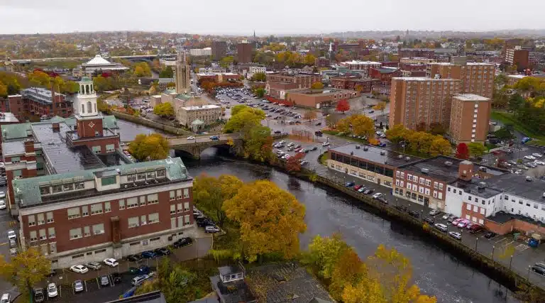 aerial view of river in downtown Pawtucket Rhode Island