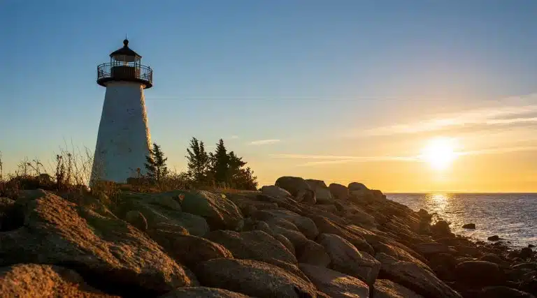 lighthouse at sunset in Plymouth, MA