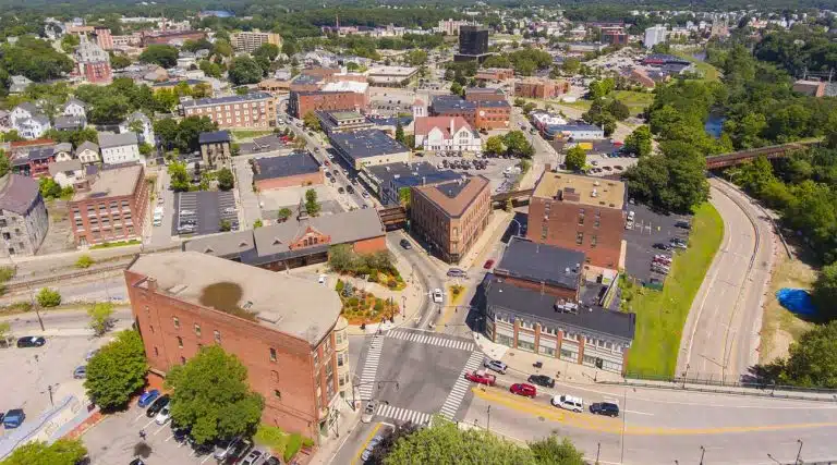 aerial view of downtown Woonsocket, Rhode Island on a sunny day