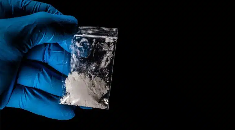 gloved person holding a small bag of white fentanyl powder