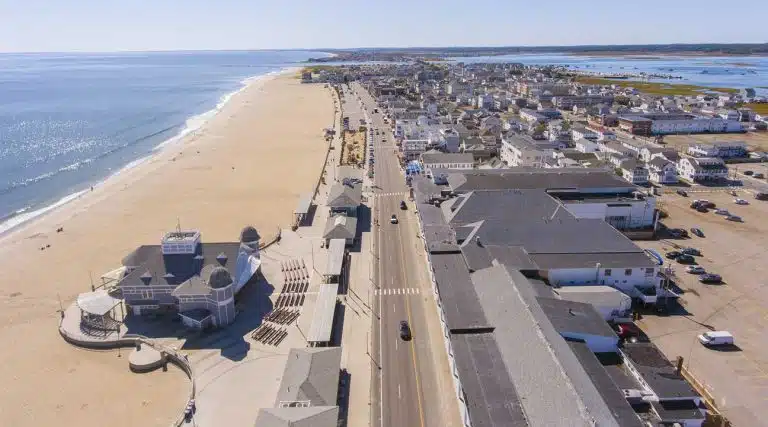 aerial view of Hampton Beach in Hampton, New Hampshire during the summer