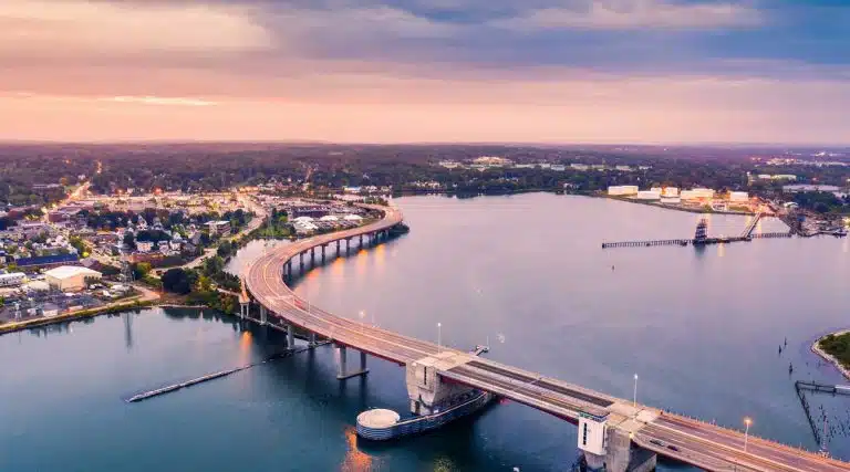 aerial view of bridge going into South Portland