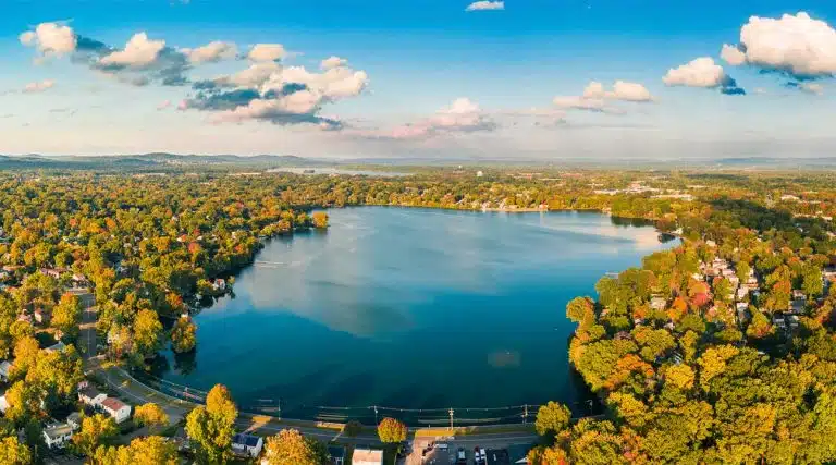 aerial view of a lake in Parsippany, New Jersey on a sunny day