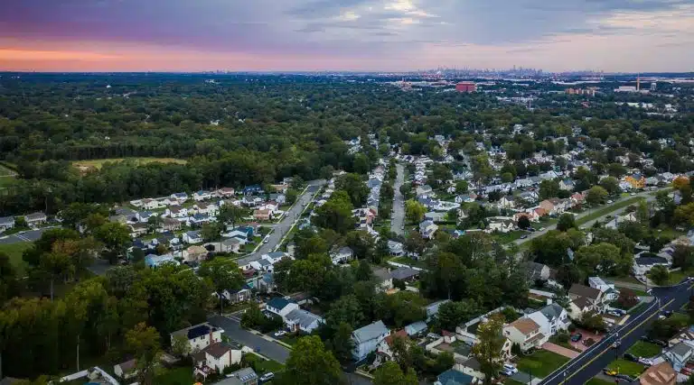 aerial view of Woodbridge, New Jersey at sunset