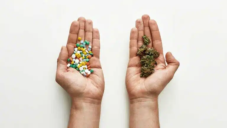 man holding mdma pills in one hand and marijuana in the other